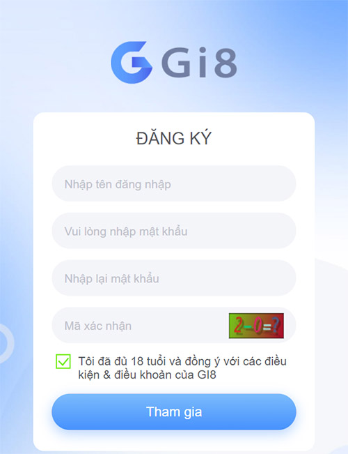 Giao diện trang đăng ký tài khoản Gi8 trên điện thoại
